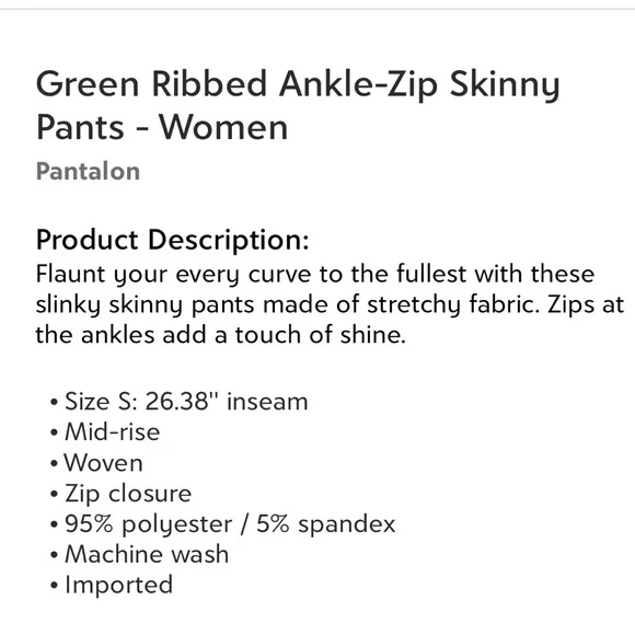 Green Ribbed Ankle- Zip Skinny Pants - Picture 4 of 4
